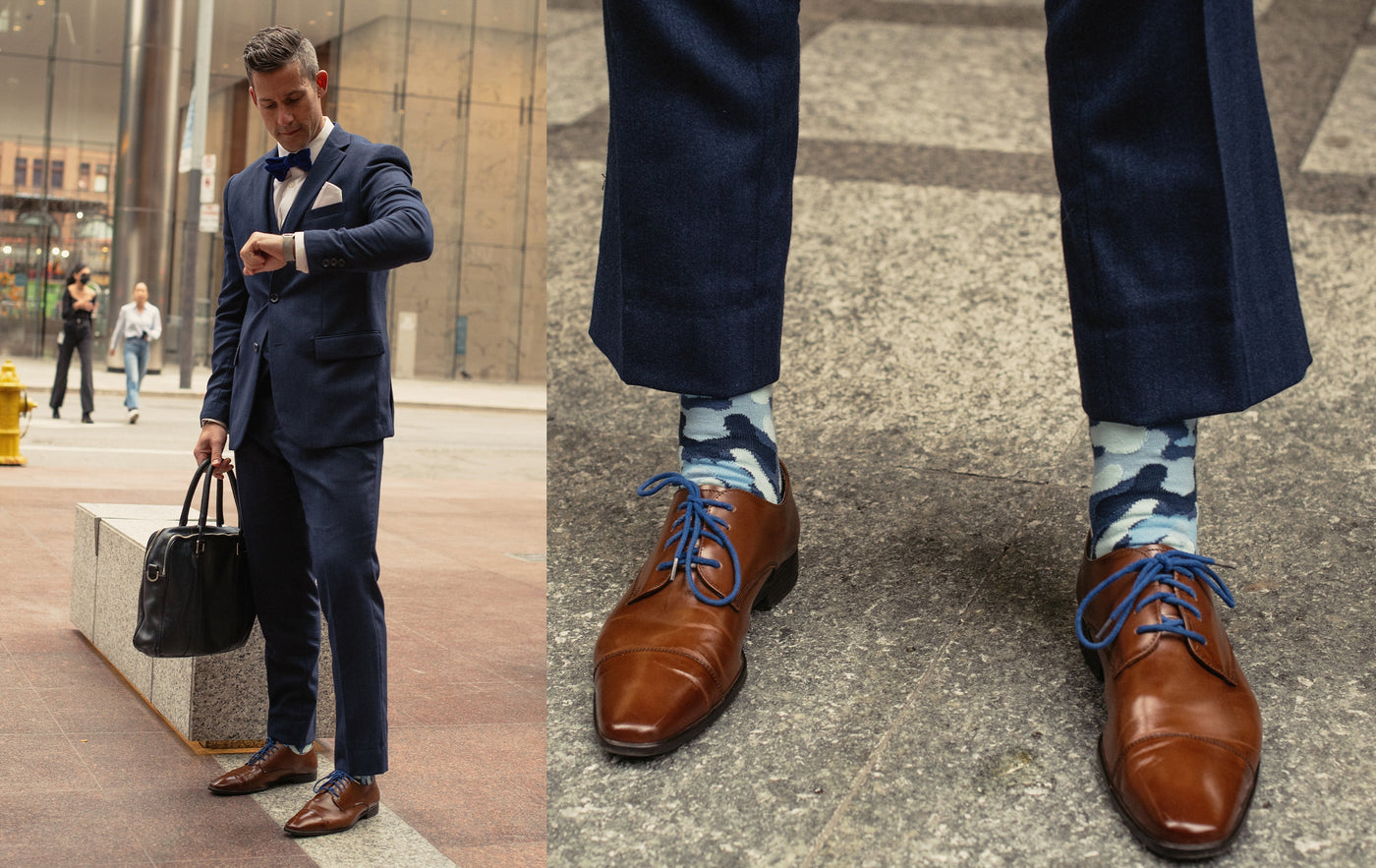 a man checking the time on his watch wearing cotton socks